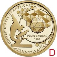  1 доллар 2019 «Вакцина против полиомиелита» D (Американские инновации), фото 1 