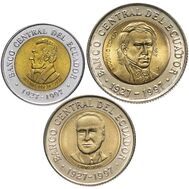  Набор 3 монеты 1997 «70 лет Центральному Банку» Эквадор, фото 1 