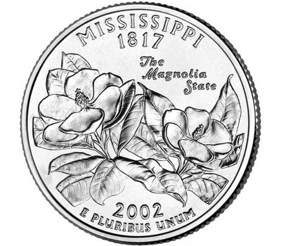  Монета 25 центов 2002 «Миссисипи» (штаты США) случайный монетный двор, фото 1 