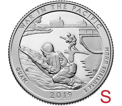  Монета 25 центов 2019 «Гуам, война на Тихом океане» (48-ой нац. парк США) S, фото 1 