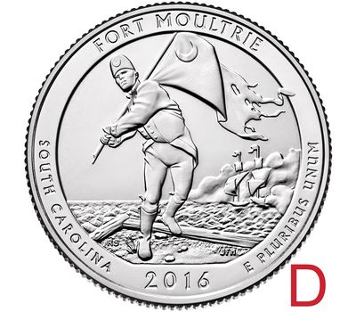  Монета 25 центов 2016 «Форт Моултри» (35-й нац. парк США) D, фото 1 