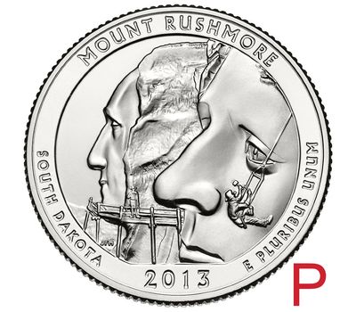  Монета 25 центов 2013 «Национальный мемориал Маунт-Рашмор» (20-й нац. парк США) P, фото 1 