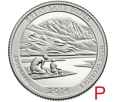  Монета 25 центов 2014 «Национальный парк Грейт-Санд-Дьюнс» (24-й нац. парк США) P, фото 1 
