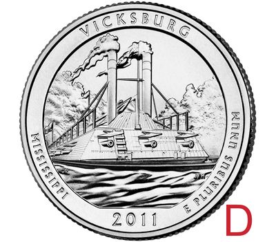  Монета 25 центов 2011 «Национальный военный парк Виксбург» (9-й нац. парк США) D, фото 1 