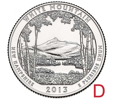  Монета 25 центов 2013 «Национальный лес Белые горы» (16-й нац. парк США) D, фото 1 