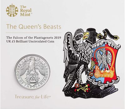 Монета 5 фунтов 2019 «Сокол дома Плантагенетов» (Звери Королевы) в буклете, фото 1 
