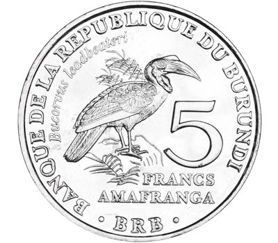 Монета 5 франков 2014 «Кафрский рогатый ворон» Бурунди, фото 1 