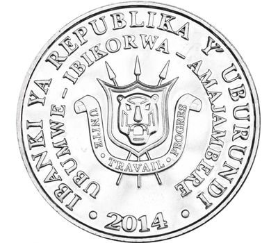  Монета 5 франков 2014 «Кафрский рогатый ворон» Бурунди, фото 2 