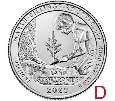  Монета 25 центов 2020 «Национальный исторический парк Рокфеллера» (54-й нац. парк США) D, фото 1 