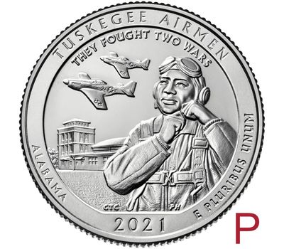 Монета 25 центов 2021 «Пилоты из Таскиги» (56-й нац. парк США) P, фото 1 